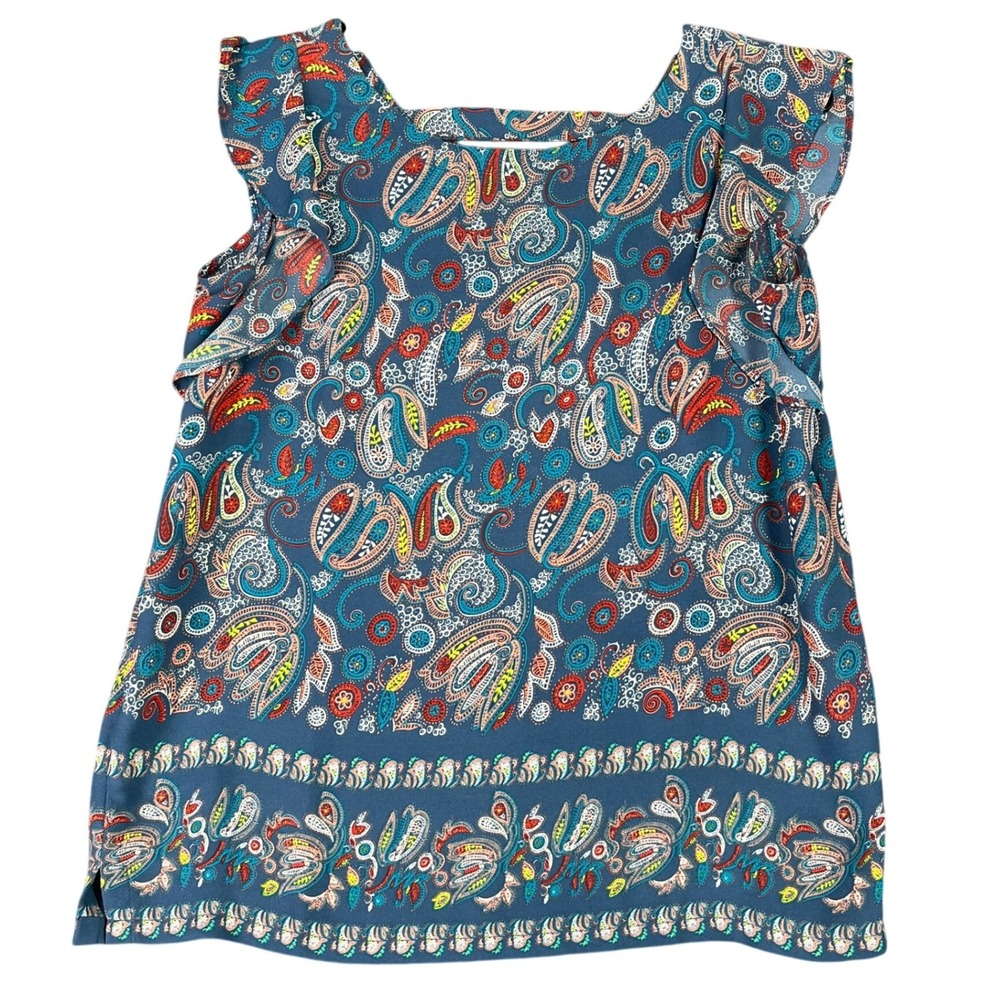 LOFT Blouse Womens XXSP Blue Red Paisley Flutter Sleeve Border Hem Boho